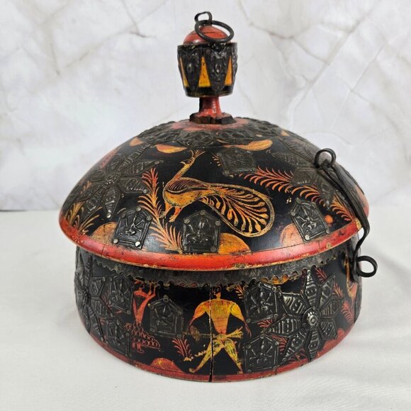 Vintage Round Middle Eastern Wooden Spice Box Hand Carved Hand Painted - Picture 5 of 16